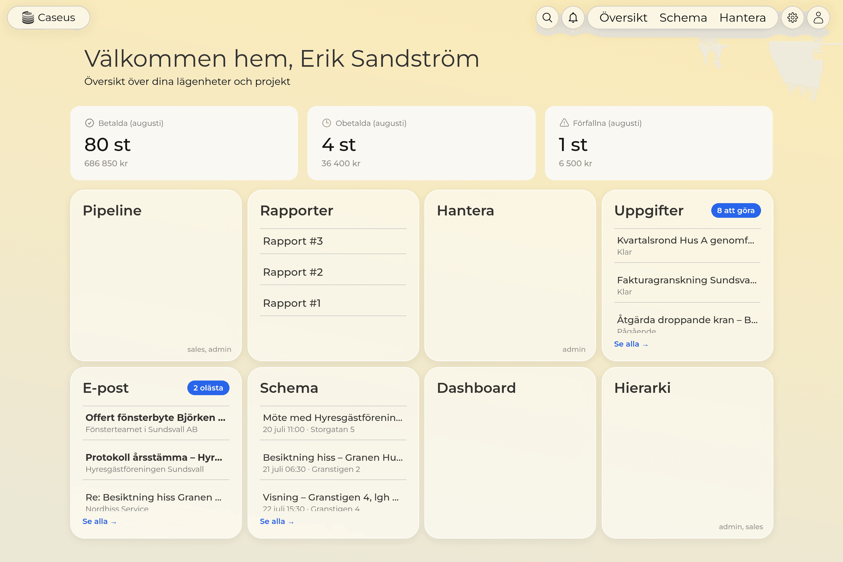 Startsidan i Caseus med betal-läget för månaden överst och widgets för pipeline, rapporter, uppgifter, e-post och schema.