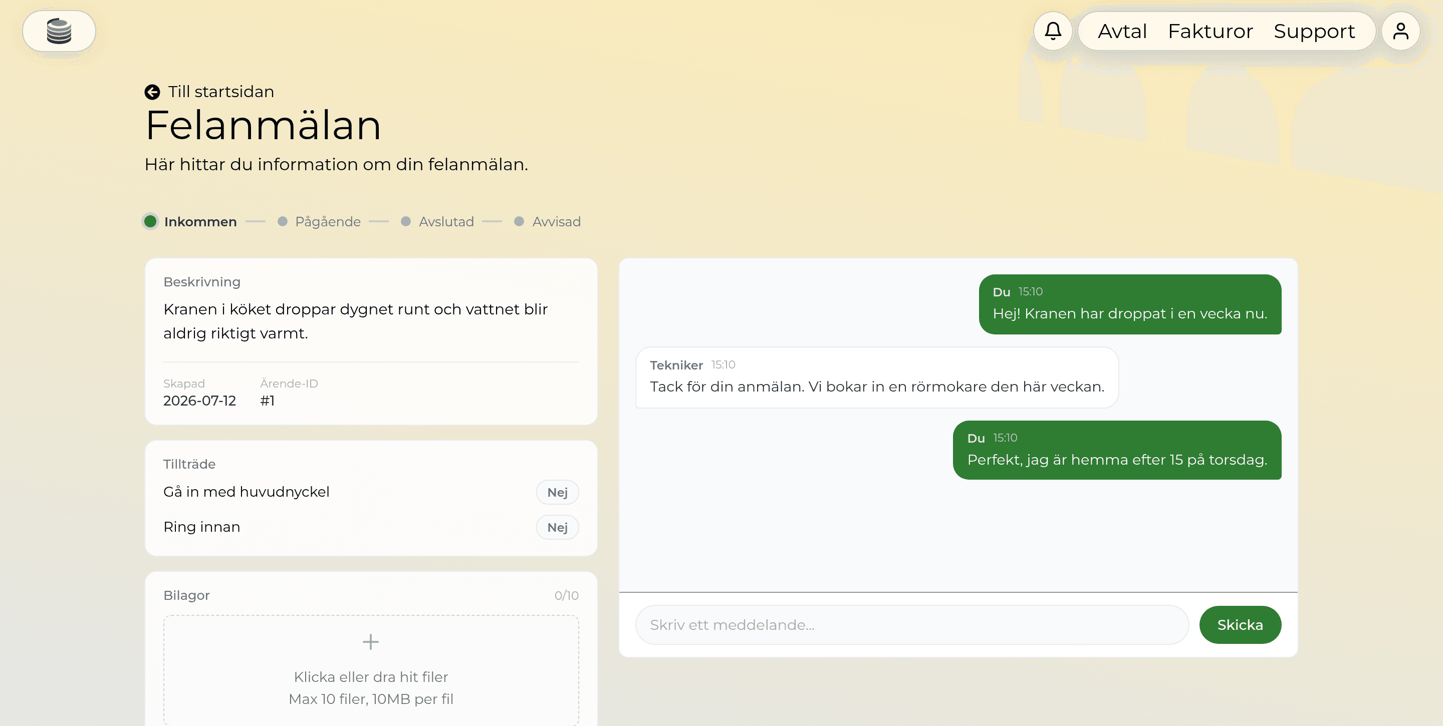 Hyresgästportalen i Caseus med en felanmälan, dess statussteg och chatten mellan hyresgäst och tekniker.